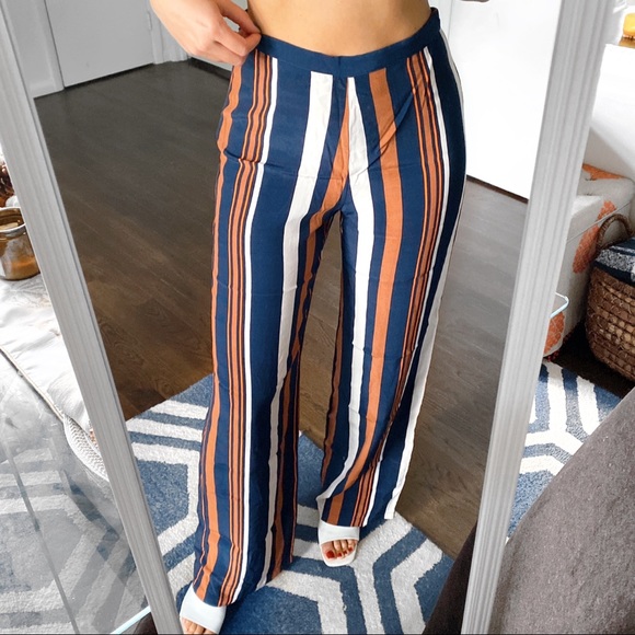 🍂 TOPSHOP DARK BLUE BURNT ORANGE WIDE LEG HIGH WAIST STRIPE PANTS! - Picture 6 of 12